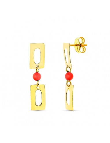 18K PENDIENTES ORO AMARILLO LARGOS CORAL 3 MM RECTANGULOS PRESION