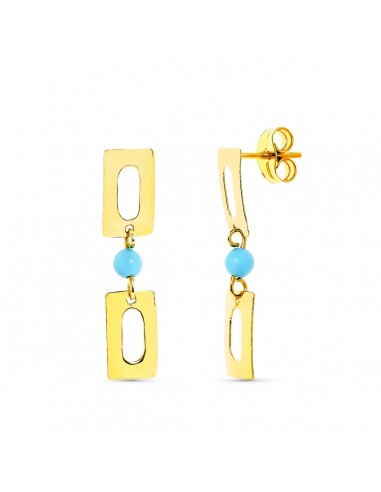 18K PENDIENTES ORO AMARILLO LARGOS TURQUESA 3MM RECTANGULOS PRESION