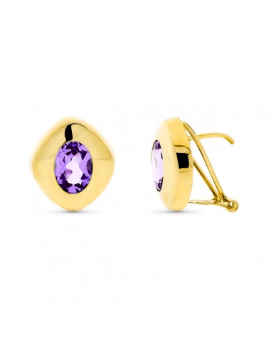 18K PENDIENTES ORO AMARILLO PIEDRA OVAL AMATISTA 8X6 MM CIERRE OMEGA