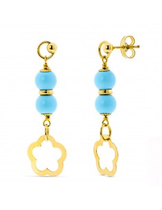 18K PENDIENTES ORO AMARILLO 2 BOLAS TURQUESA 6 MM FLOR CIERRE PRESIÓN