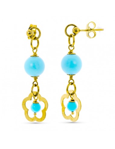 18K PENDIENTES LARGOS ORO AMARILLO TURQUESA FLOR CALADA CIERRE PRESION