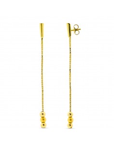 18K PENDIENTES ORO AMARILLO CON CADENA BARRA Y 3 BOLAS. CIERRE PRESION