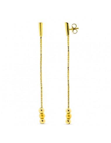 18K PENDIENTES ORO AMARILLO CON CADENA BARRA Y 3 BOLAS. CIERRE PRESION