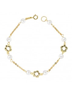 18K PULSERA FLOR Y PERLAS 5 MM. 18 CM.