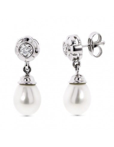 18K PENDIENTES ORO BLANCO PERLA CON CIRCONITA CIERRE PRESION