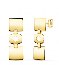 18K PENDIENTES ORO AMARILLO TRES CUERPOS CUADRADOS Y FLOR 32X10 MM PRESION