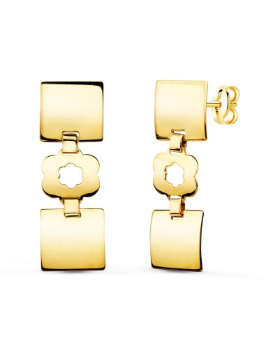 18K PENDIENTES ORO AMARILLO TRES CUERPOS CUADRADOS Y FLOR 32X10 MM PRESION