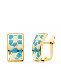 18K PENDIENTES ORO AMARILLO ESMALTE AZUL Y BLANCO. 14 X 9 MM. CIERRE CATALAN