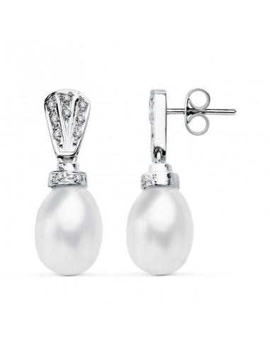 18K PENDIENTES ORO BLANCO PERLA 26X9 MM CIERRE PRESION
