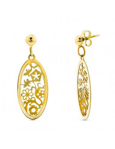 18K PENDIENTES ORO AMARILLO LARGO OVAL CALADO 36X13 MM CIERRE PRESION
