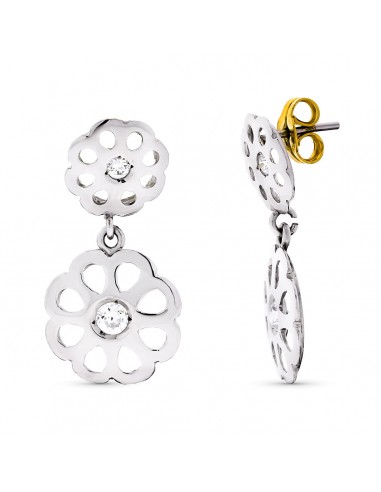 18K PENDIENTES ORO BLANCO FLORES CIRCONITA 20X10 MM CIERRE PRESION