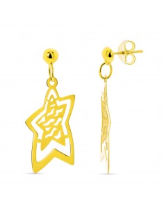 18K PENDIENTES ORO AMARILLO LARGOS ESTRELLA CALADOS MATE Y BRILLO CIERRE PRESION