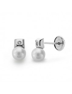 18K PENDIENTES ORO BLANCO PERLA Y DIAMANTES TALLA BRILLANTE 0,02 QTES