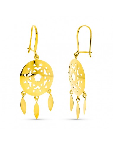 18K PENDIENTES ORO AMARILLO LARGOS CALADOS 3 LAGRIMAS CIERRE GANCHO