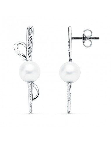 18K PENDIENTES ORO BLANCO PERLA 30X9 MM CIERRE PRESION