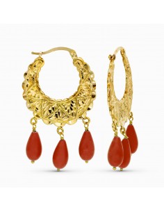 18K PENDIENTES AROS ORO AMARILLO TALLADOS LAGRIMA CORAL