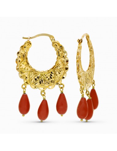 18K PENDIENTES AROS ORO AMARILLO TALLADOS LAGRIMA CORAL