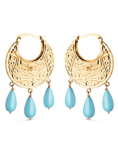 18K PENDIENTES AROS ORO AMARILLO TALLADOS PLANOS CON 3 COLGANTES DE TURQUESA. MEDIDA: 41 X 25 X 2 MM. CIERRE CLIP