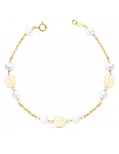 18K PULSERA COMUNION FLORES CALADAS 17 CM.