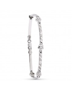 18K PULSERA ORO BLANCO MATE Y BARRAS Y FLORES 18.5 CM