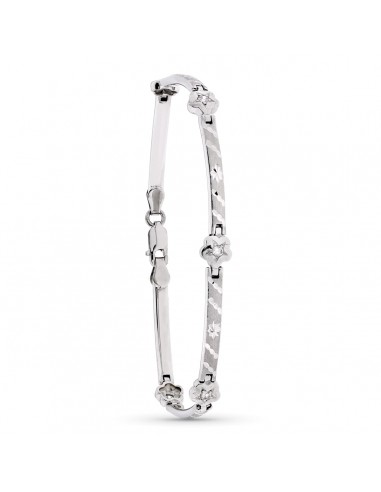 18K PULSERA ORO BLANCO MATE Y BARRAS Y FLORES 18.5 CM