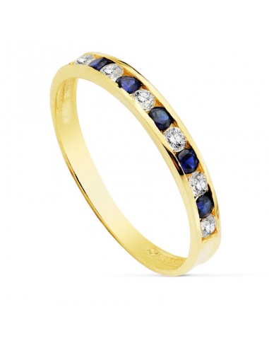 18K SORTIJA ORO AMARILLO CIRCONITA AZULES Y BLANCAS. ANCHO CUERPO 2.5 MM
