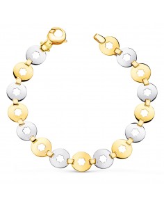 18K PULSERA ORO BICOLOR ESLABONES REDONDOS CON FLOR ANCHO 10 MM LARGO 19CM