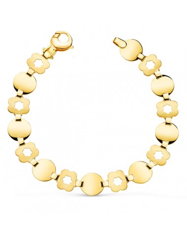 18K PULSERA ORO AMARILLO ESLABON REDONDO Y FLOR MATE ANCHO 10 MM LARGO 19.5CM