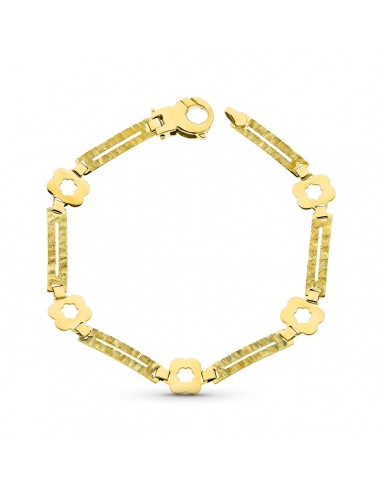 18K PULSERA ORO AMARILLO FLORES Y RECTANGULOS MATE Y BRILLO