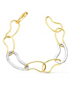 18K PULSERA ORO BICOLOR ESLABONES BRILLO Y TALLADOS ANCHO 14 MM LARGO 20CM