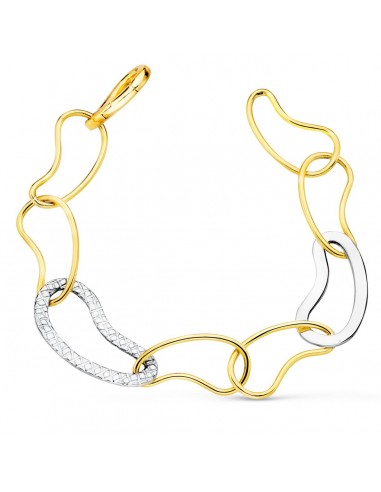 18K PULSERA ORO BICOLOR ESLABONES BRILLO Y TALLADOS ANCHO 14 MM LARGO 20CM