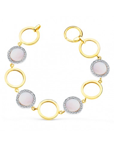 18K PULSERA ORO BICOLOR CIRCULOS CALADOS 16 MM Y NACAR ROSA 20CM