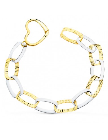 18K PULSERA ORO BICOLOR ESLABONES Y CIERRE CORAZON ANCHO 20 MM LARGO 22 CM