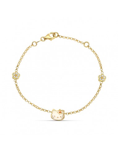 18K PULSERA ORO AMARILLO ESMALTE GATO Y FLOR CIRCONITA 18CM