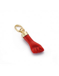 18K COLGANTE ORO AMARILLO HIGA PUÑO MANO PEQUEÑA ROJA CORALINA 17X5.5 MM