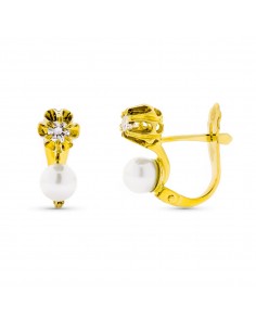18K PENDIENTES ORO AMARILLO DIAMANTE CON PERLA Y GARRA CIERRE CATALAN