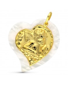 18K COLGANTE ORO AMARILLO ANGEL NACAR CORAZON 40X35 MM C. AMOR