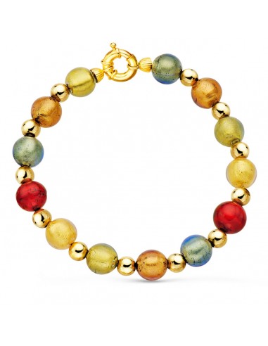 18K PULSERA ORO AMARILLO BOLAS CRISTAL MURANO 10 MM Y BOLAS LISAS 6 MM 21CM