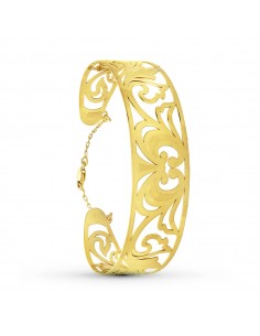 18K PULSERA RIGIDA ORO AMARILO CALADA MATE BRILLO MEDIDA INTERIOR 65X50 MM ANCHO TOTAL 20 MM CIERRE MOSQUETON CON CADENA