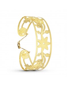 18K PULSERA RIGIDA ORO AMARILLO FLORES MEDIDA INTERIOR 62X55 MM ANCHO TOTAL 22 MM CIERRE MOSQUETON CON CADENA