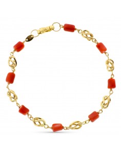 18K PULSERA ORO AMARILLO CON JAULAS Y CORAL FINO JAPONES 19CM
