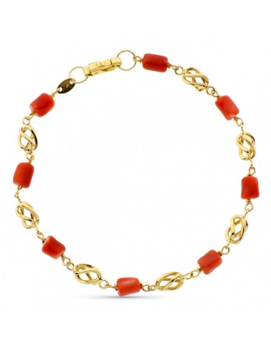 18K PULSERA ORO AMARILLO CON JAULAS Y CORAL FINO JAPONES 19CM