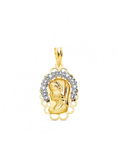 18K MEDALLA ORO AMARILLO ORO BICOLOR VIRGEN NIÑA CORONA CON CIRCONITA 21X14 MM