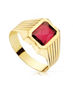 18K SELLO ORO AMARILLO HUECO CADETE PIEDRA RUBI SPINEL DE 8X6 MM