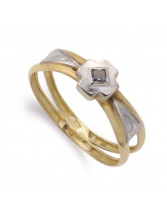 18K SORTIJA ORO BICOLOR DOBLE CUERPO CON CRUZ Y CIRCONITA AGUAMARINA. ANCHO: 6 5 MM