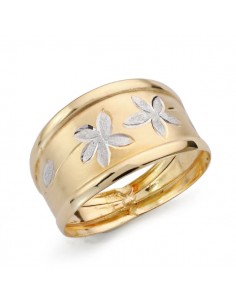 18K SORTIJA ORO BICOLOR MATIZADA CON FLORES DIAMANTADAS. ANCHO: 13 5MM
