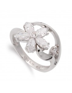 18K SORTIJA ORO BLANCO FLOR CON CIRCONITAS. ANCHO 13 MM