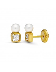 18K PENDIENTES ORO BICOLOR MOTIVO Y PERLAS. 7 X 3 MM.