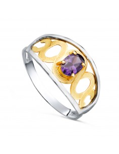 18K SORTIJA ORO BICOLOR MOTIVOS CALADA Y PIEDRA OVAL AMATISTA 6X 3 5 MM. ANCHO: 11MM