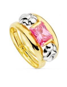18K SORTIJA ORO BICOLOR DOBLE CUERPO MOTIVO Y CIRCONITA ROSA 8X6MM. ANCHO: 14 MM
